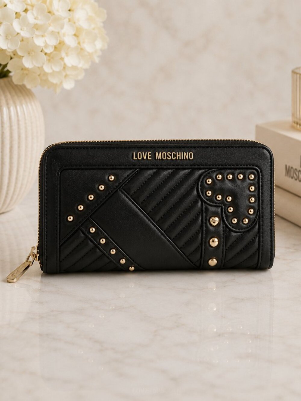 Love Moschino Black Gold Heart Studded Zip-Around Wallet NWT
